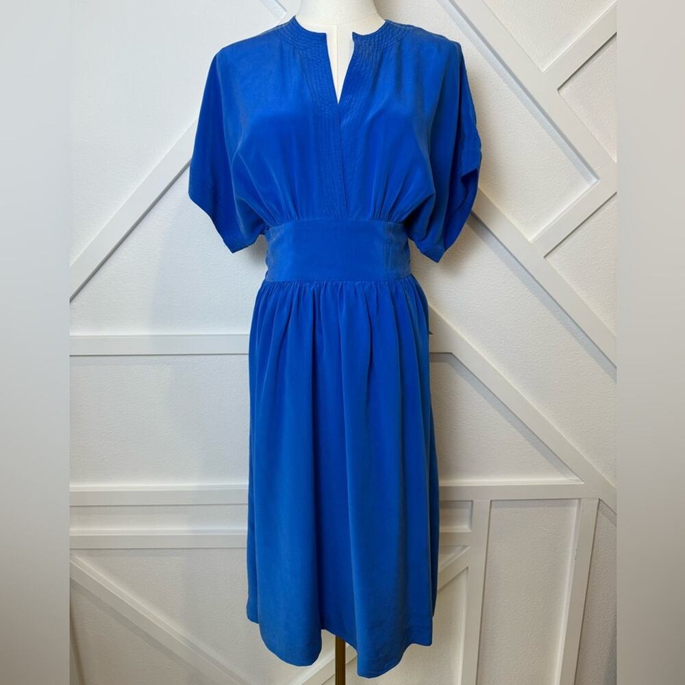 Vintage Neiman Marcus 100% Silk V-Neck Dolman Sleeve Tie Waist Midi Dress Size 8